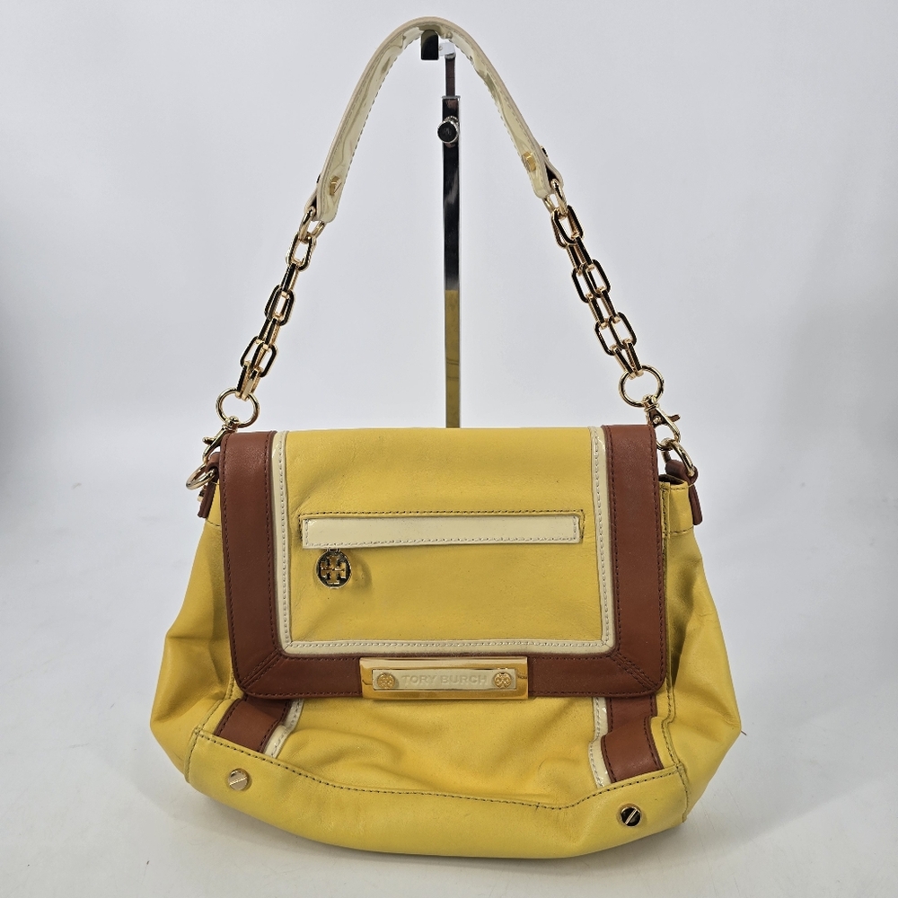 Tory Burch Yellow Leather Foldover Shoulder Bag Logo Interior Hold Hardware